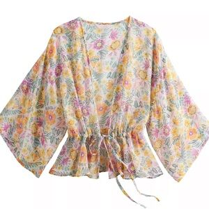 Floral Tie-Waist Kimono Top - Yellow & Pink